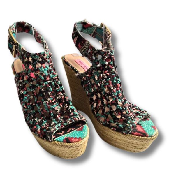 Betsey Johnson Beckey Aztec 6 Multicolor Peep Toe Espadrille Woven Wedge Sandal - Picture 2 of 9